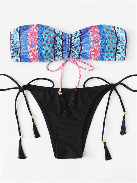 tassel tie bandeau bikini set shein sheinside bikinis side tie bikini bandeau bikini set