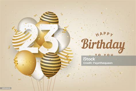 Happy 23th Birthday With Gold Balloons Greeting Card Background Stock
