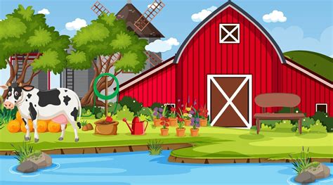 Red Barn In Farm Scene With A Cow 2160368 Vector Art At Vecteezy