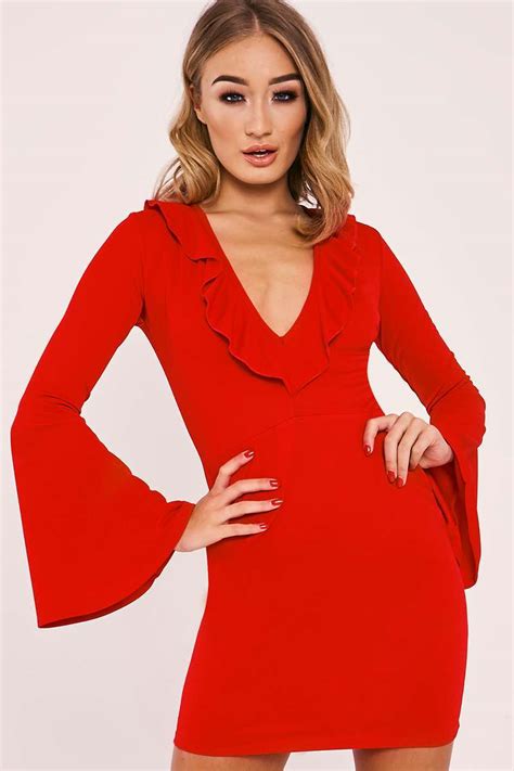 Red Frill Plunge Flared Sleeve Bodycon Dress In The Style