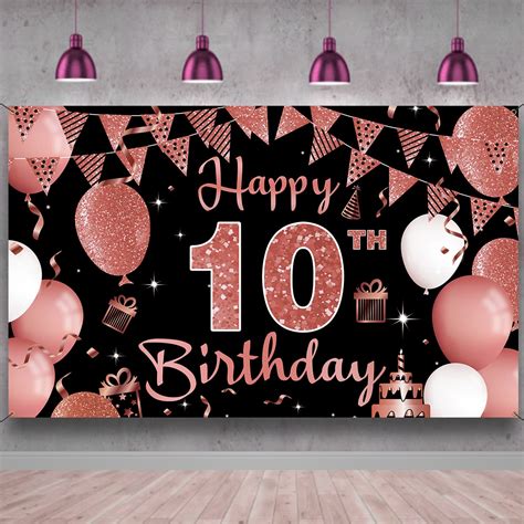 Buy 10th Birthday Decorations Backdrop Banner Black Rose Gold Happy 10th Birthday Decoration