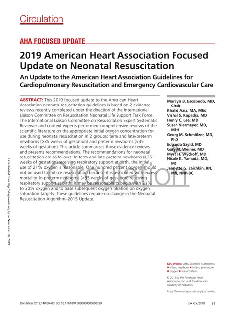 Pdf 2019 American Heart Association Focused Update On Neonatal