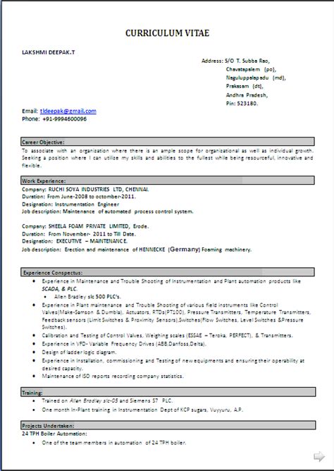 Resume Sample In Word Doc Bachelor Of Technology In Electronics And Instrumentations Engineering