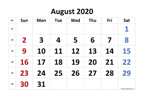 Free August 2020 Calendar 6 Templates