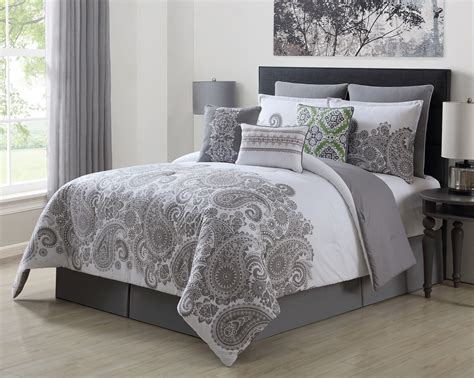 Size queen comforter sets : 9 Piece Mona Gray/White 100% Cotton Comforter Set