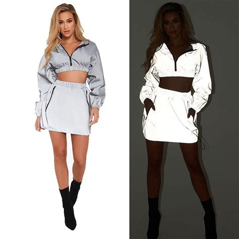 Reflective 2 Piece Skirt Set Women Hoodie Tracksuit Long Sleeve Crop Top And Elastic Waist Skirt