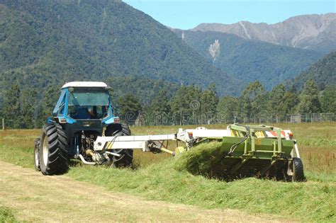 Pasture Mowing With Blue Tractor Stock Photo Image Of Farmer