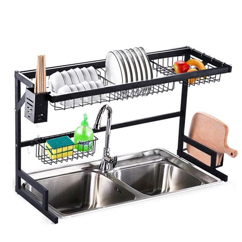 2 Tier Dish Drainer Over Double Sink Drying Rack Draining Tray Fruit