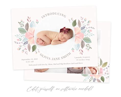 Customizable Birth Announcement Card Template For Baby Girls Baby
