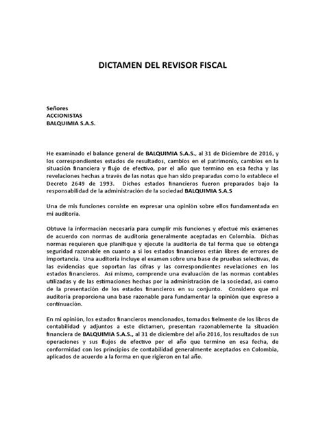 Dictamen Del Revisor Fiscal Auditoría Estado Financiero