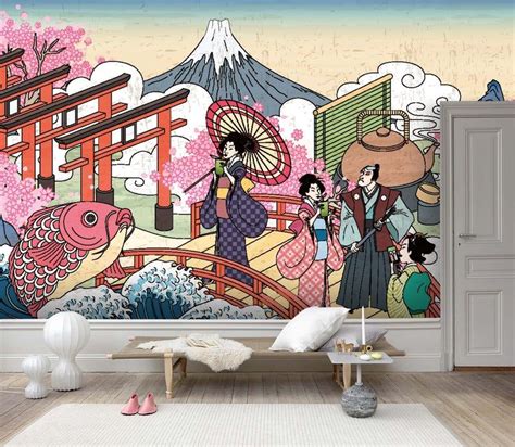 3d Japanese Hand Painted Ukiyo E Wallpaper Removable Self Etsy