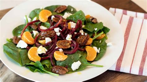 Spinach Salad With Beets Candied Pecans And Goat Cheese