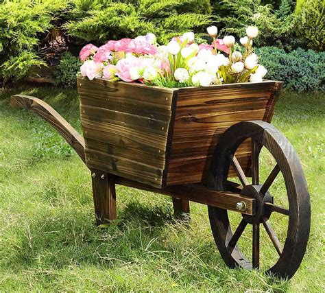 Rustic Wooden Wheelbarrow Flower Planter Outdoor Garden Cart Decor