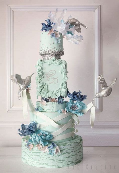 Unique Blue Flower Detailed Pale Green Wedding Cake Modwedding
