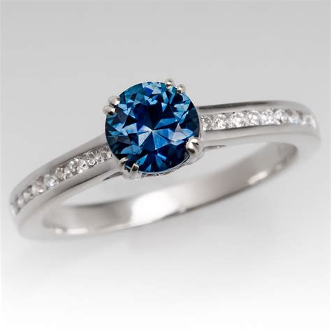 Blue Green Montana Sapphire Ring W Diamond 18k White Gold Blue
