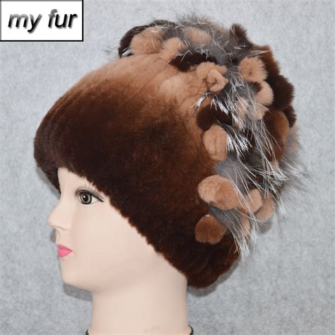2020 natural rex rabbit fur flowers hat women winter warm handmade knit real rex rabbit fur caps