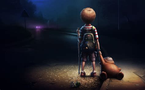 Digital Art Fantasy Art Children Teddy Bears Alone Sad Road Night Road