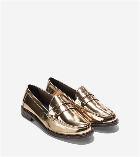 Cole Haan Leather Womens Pinch Campus Penny Loafer In Gold Metallic