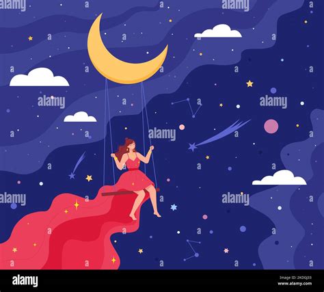 Woman On Moon Swing Girl Imagine Journey In Sleep Dream Swinging