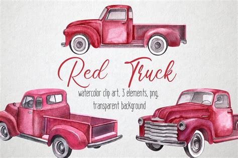 Watercolor Red Truck Clip Art Vintage Truck Illustration Etsy