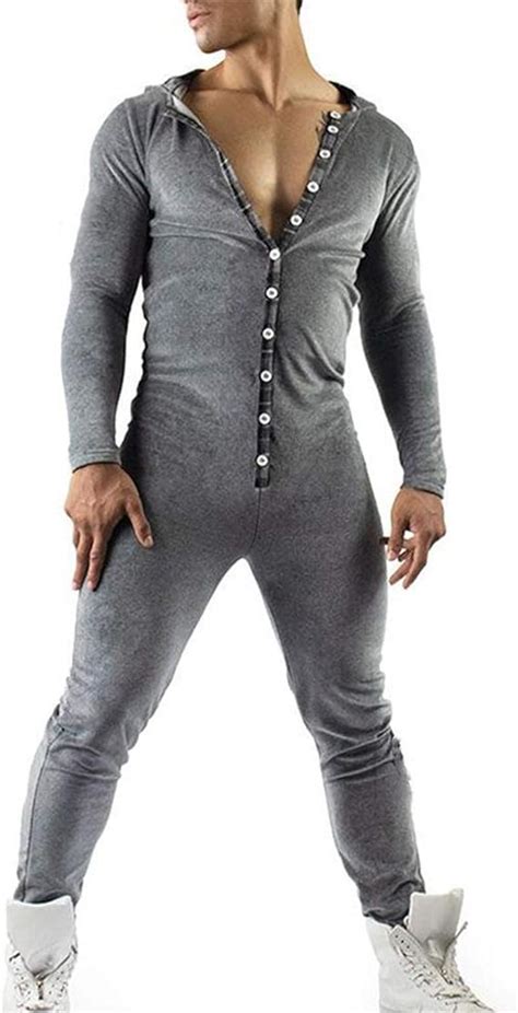 Mens Novelty Hooded One Piece Pajamas Jumpsuit Butt Flap Romper Button Playsuit Cozy Adult