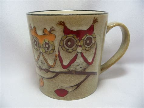 Adorable Owls Coffee Mug Cup 16 Oz Stoneware Beige Cute New Owl