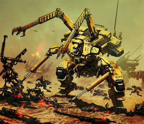 Large Construction Mech With Combat Mechs And Tanks In The Background