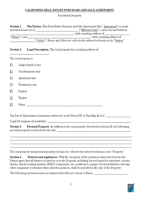California Real Estate Purchase And Sale Contract Form
