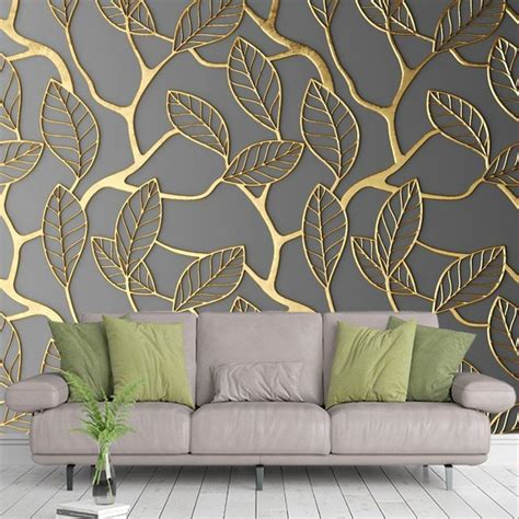 Photo Wallpaper Wall Murals Golden Leaves Wall Painting Etsy Grey Lattice Wallpaper Wall