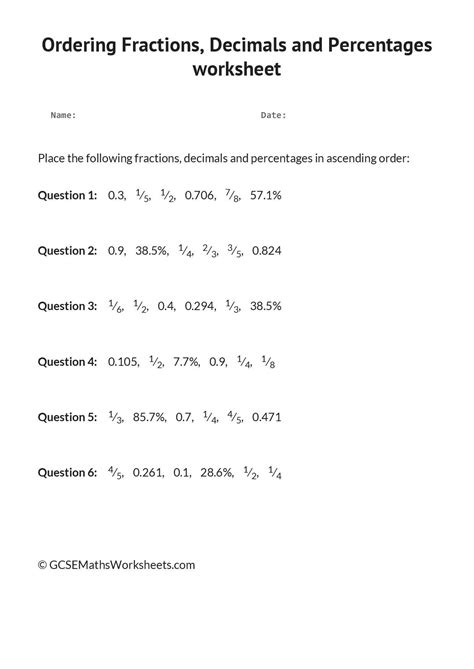 Ordering Fractions Decimals And Percentages Worksheet