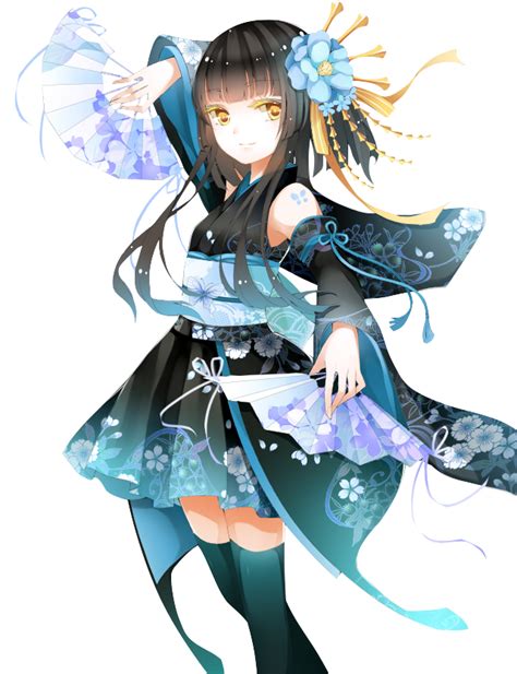 Render Japonaise Bleu éventails Manga Princesse Kimono Animé Dessin Manga