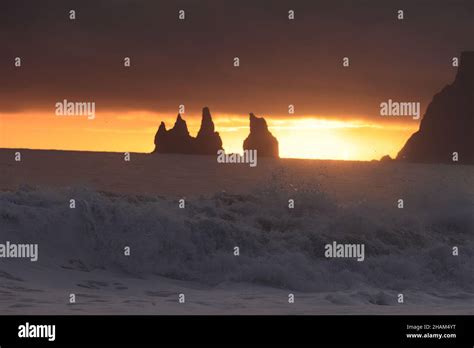 Reynisdrangar Rock Pillars At Sunrise Vik I Myrdal Southern Iceland