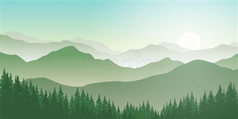 Realistic Mountains Landscape Morning Wood Panorama Pine Trees And