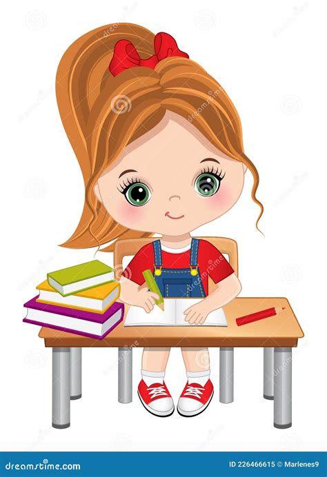 Cute Little Redheaded Girl Sitting At Desk Vector Little School Girl