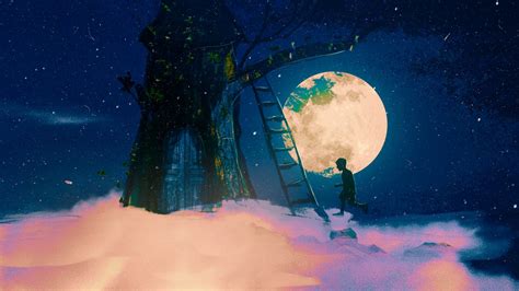 Tree House 4k Wallpaper Dream Moon Night Surreal