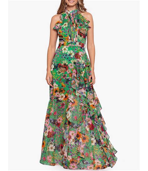 Betsy And Adam Halter Neck Sleeveless Ruffle Front Floral Chiffon Maxi