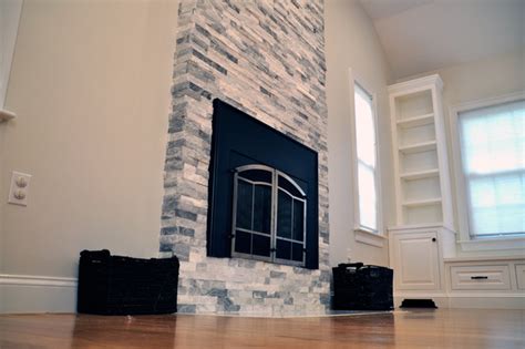 Alaska Gray Marble Ledger Panel Fireplace Accent Wall Traditional