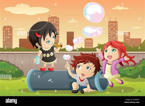 A Vector Illustration Of Cute Kids Playing Bubbles In The Park Stock