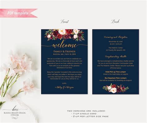 Printable Burgundy Floral Navy Gold Wedding Welcome Letter Itinerary