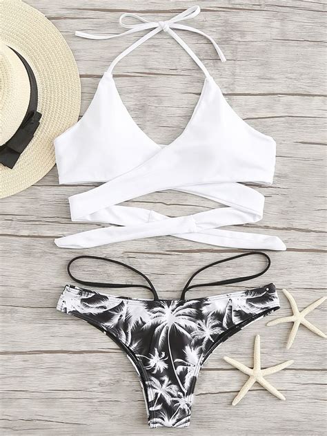 Crisscross Palm Tree Print Bikini Set Sheinsheinside Bikinis