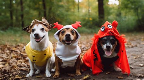 Three Dogs In Halloween Costume In The Woods Background Picture Of