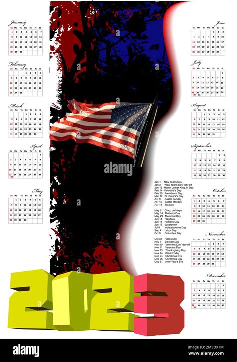Calendrier 2023 Avec Drapeau Américain Et Jours Fériés Illustration De