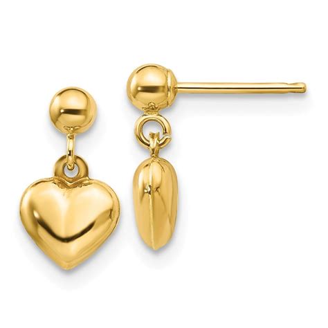 Jewelryweb 14k Yellow Gold Puffed Heart Dangle Earrings 4 Grams