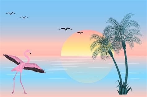 At Sunset Flamingo On Lake Scene Stock Illustration Download Image