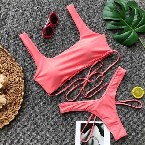 Summer Swimsuit Pink Bandage Swimwear Female Push Up Bikini Set Solid