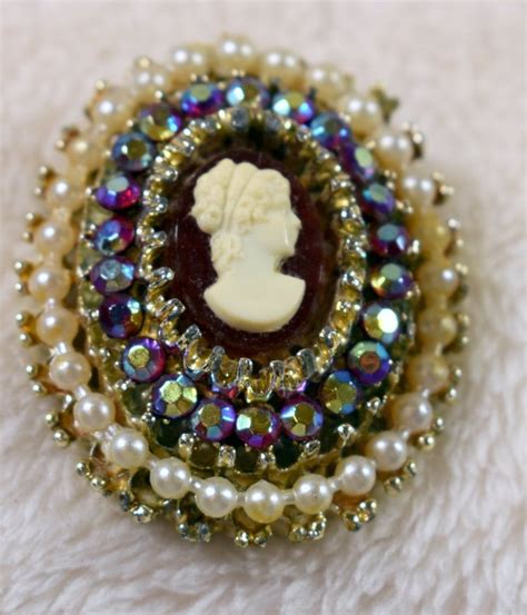 Vintage Estate Cameo Brooch Wfaux Pearls Multi Color Glass Crystals