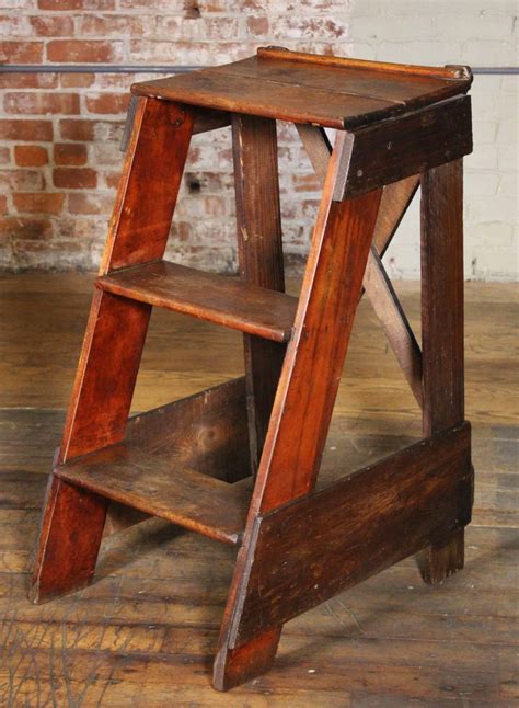 Wooden Step Ladder Vintage Antique Moveable Wood Factory Shop Ladder