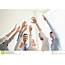 People Raising Hands Together Indoors Stock Image  Of