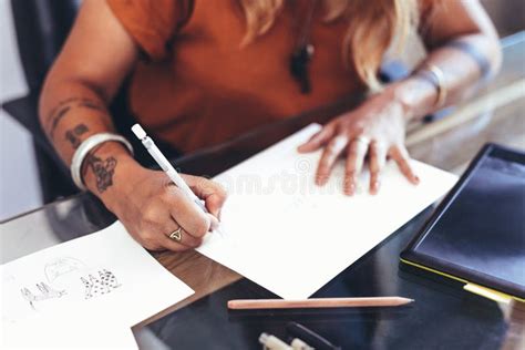 Creative Artist At Work Sitting At Her Desk Stock Photo Image Of