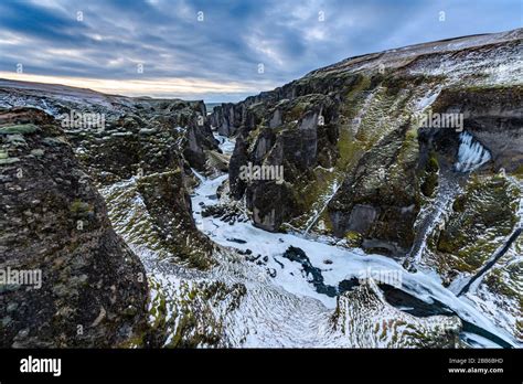 Aerial View Of Fjadrargljufur Canyon In Winter South Central Iceland
